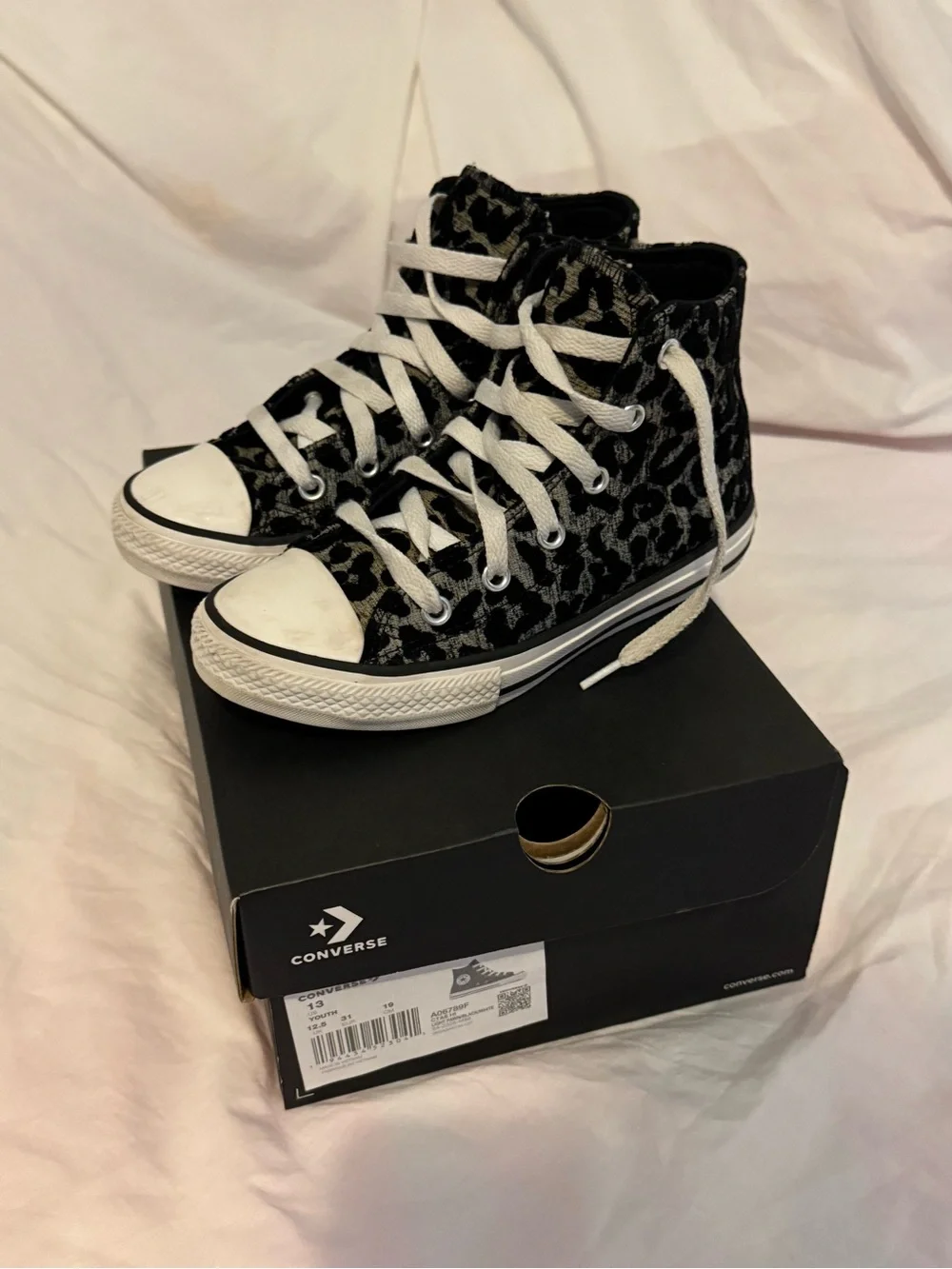 Converse Kids Black and Gray Leopard Print Chuck Taylor High Tops